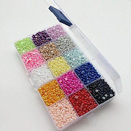 Chenkou Craft 10000pcs Assorted 15 Colors Half Pearl Bead 4mm Flat Back Gem Scrapbook Craft DIY Beads   Plastic Box
