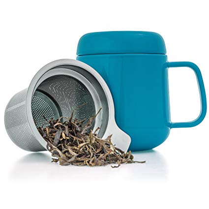 Tealyra - Sumo Ceramic Blue Tea Cup Infuser - 400ml - Small Mug with Lid and Stainless Steel Filter For Loose Leaf Tea - Tea-For-One