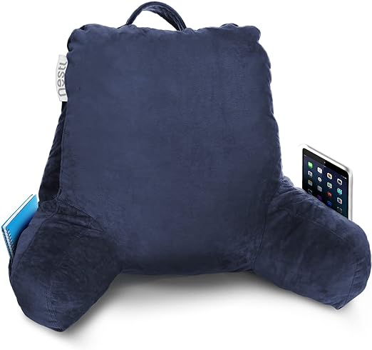 Reading Pillow, Medium Back Pillow, Backrest Pillows for Bed with Arms, Shredded Memory Foam Back Pillows for Sitting in Bed, Back Support Pillow for Kids Teens & Adults, Blue (Navy Blue)