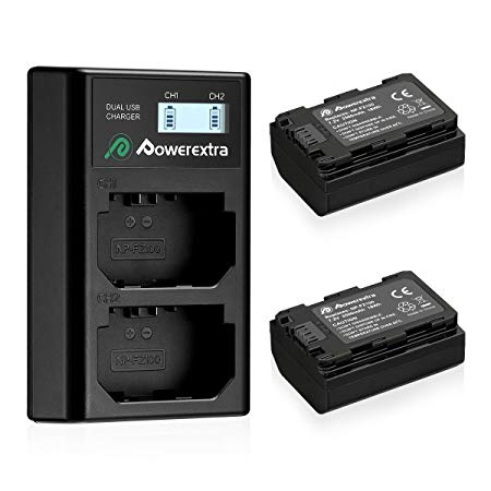 Powerextra 2 Pack Sony NP-FZ100 Replacement Battery and Dual LCD Battery Charger for Sony Alpha 9,Sony A9,Sony Alpha 9R,Sony A9R,Sony Alpha 9S,Sony A9S,Sony A7RIII,Sony A7R3,Sony a7 III Digital Camera