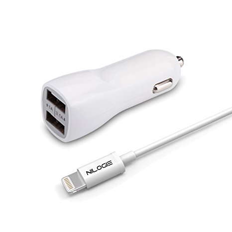 iPhone Charger, Nilogie Apple MFi Certified 6 Feet Lightning To USB Cable, 2 Port 3.1A Dual USB Car Charger Made for iPhone, iPad, iPod