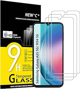 NEW'C 3 Piezas, Protector Pantalla para Samsung Galaxy A25 5G, M34 5G, Cristal templado Antiarañazos, Antihuellas, Sin Burbujas, Dureza 9H, 0.33 mm Ultra Transparente, Ultra Resistente