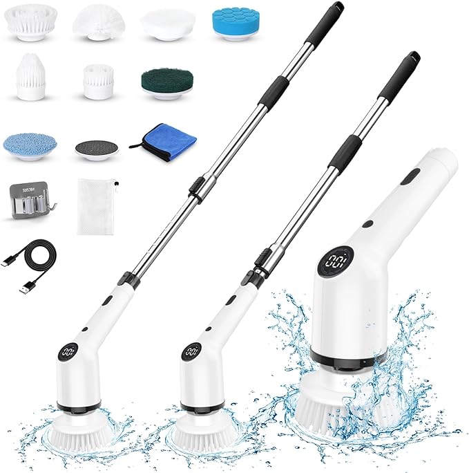 Electric Spin Scrubber, 2023 New 9 in 1 Electric Cleaning Brush Up to 450RPM Cleaning, Power Scrubber with 8 Replaceable Brush Heads and Extension Arm, Shower Scrubber for Bathroom, Car, Floor