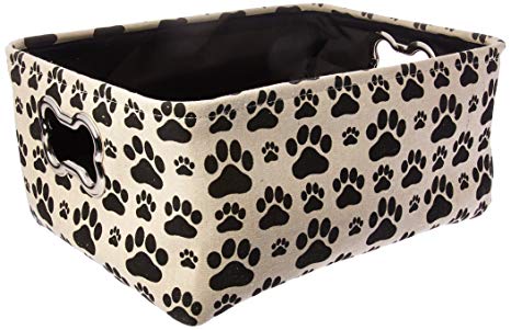 Winifred & Lily Pet Toy and Accessory Storage Bin, Organizer Storage Basket for Pet Toys, Blankets, Leashes and Food in printed “Dog Paws”, Beige/Black
