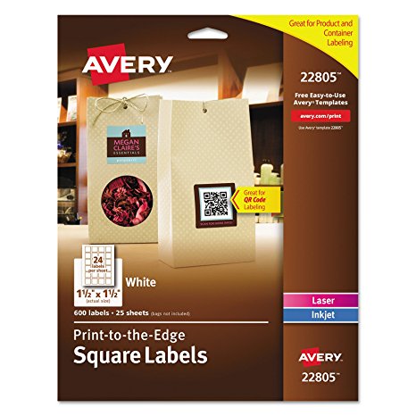 Avery Easy Peel, Print-To-The-Edge, Permanent White Square Labels, True Block, 1.5" x 1.5",  Pack of 600 (22805)