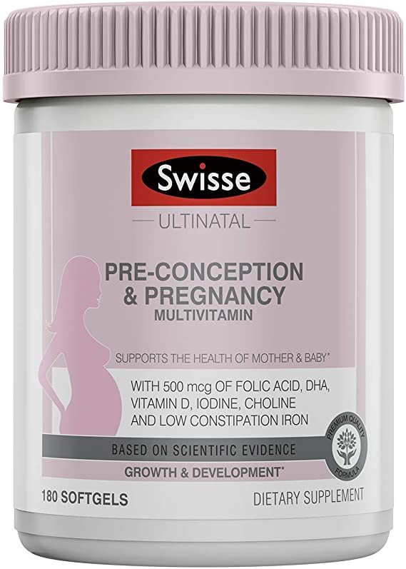 Swisse Premium Ultinatal Preconception & Prenatal Multivitamin | Supports Fertility, Pregnancy, & Breastfeeding | Folic Acid, Omega 3 DHA & EPA, Iodine, Choline, Vitamin C, D, & B, Iron | 180 Softgels