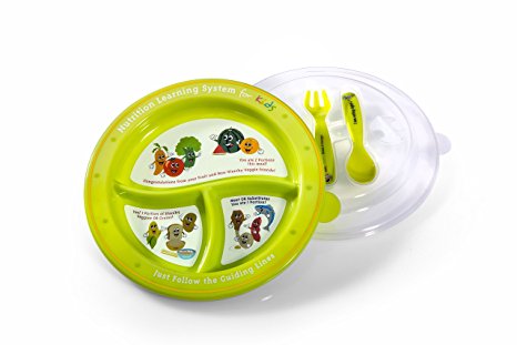 Healthy Nutrition Plates for Kids - Portion Guidelines Imprinted in English with Food Grade Material - BPA Free Plastic - Dishwasher, Fridge and Microwave Safe - Includes a Plate, Lid, Fork and Spoon