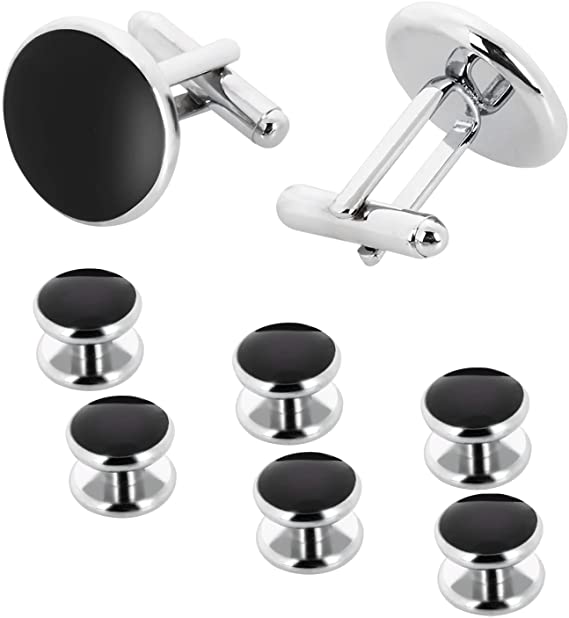 Yolev Mens Cufflinks and Studs Set Tuxedo Shirts Cuff links Black Onyx Cufflinks for Men, Classic Tuxedo Buttons Match for Business Wedding Formal Suit