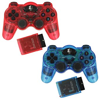 ZedLabz wireless RF double shock vibration gamepad controller for Sony Playstation 2 PS2 & PS1 - Twin pack - Red & Blue