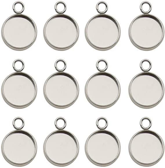 50pcs Fit 12mm Stainless Steel Round Blank Bezel Pendant Trays Base Cabochon Settings Trays Pendant Blanks For Jewelry Making DIY Findings (10162-12mm)