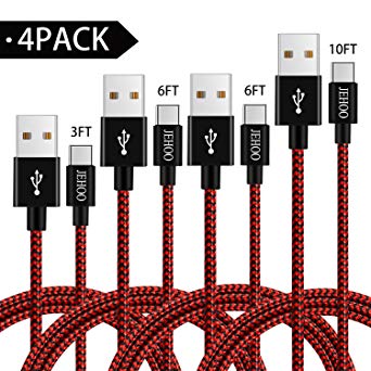 JEHOO USB Type C Cable, 4Pack 3FT 6FT 6FT 10FT Nylon Braided USB A to USB C Charger Cable Fast Charging Cord Cable for Samsung Galaxy S8 Plus, LG G5 G6 V30, HTC 10, Google Pixel XL,Black&Red