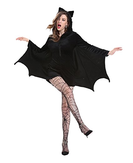 Women's Cosplay Costumes Sexy Bat Vampire Uniforms Halloween Hooded Dress with Stockings