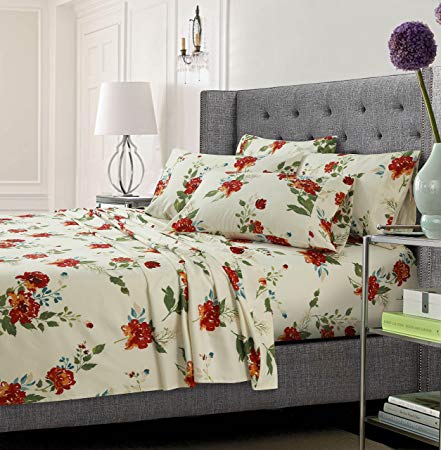 Tribeca Living FLOMFSHEETKIMC Floral Printed Soft Deep Pocket 6-Piece Sheet Set, King, Multi