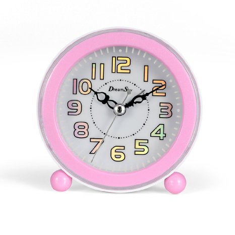 DreamSky Non Ticking Quartz Analog Alarm Clock With Night light And Snooze, Loud Music Alarms And Battery Powered (Pink)