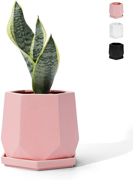 POTEY 051003 Ceramic Plant Pot - 4.9 Inch Glazed Ceramic Modern Hexagon Geometric Planters Indoor Bonsai Container with Drainage Hole & Saucer for Plants Flower Succulent Aloe(Matte Pink)