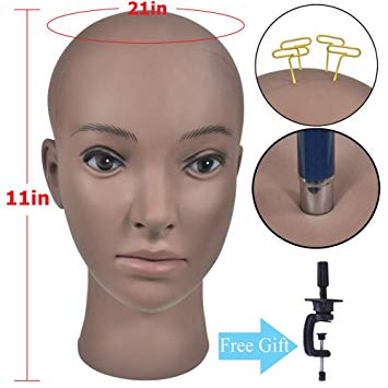 Bald Mannequin Head Beige Professional Cosmetology for Wig Making, Display wigs, eyeglasses, hairs with Free Clamp