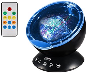 Night Light Ocean Wave Projector with Ocean Sounds, YTOM Remote Control 12 LED & 7 Colors Ocean Lamp with Built-in Mini Music Player for Living Room and Bedroom (Black)