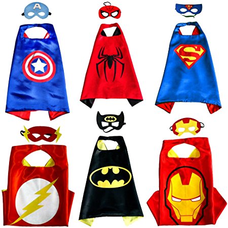 Kiddo Care 6 superhero costumes, masks, capes, satin (Boys) (6 sets - Batman, superman, spiderman, ironman, captain America & Flash)