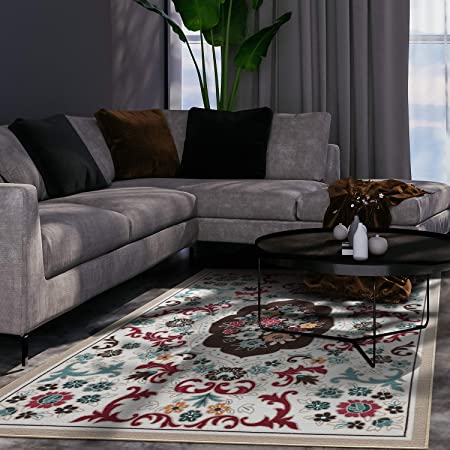 Antep Rugs Alfombras Non-Skid (Non-Slip) 8x10 Rubber Backing Modern Floral Low Profile Pile Indoor Area Rugs (Beige, 8' x 10'3")