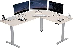 VIVO Electric Height Adjustable 63 x 55 inch Corner Stand Up Desk, Light Wood Table Top, Gray Frame, L-Shaped Standing Workstation, 3CT Series, DESK-E3CTGC