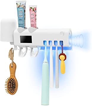 SHUKAN UV Toothbrush Sanitizer with 2 Toothpaste Dispenser, Bathroom Toothbrush Holder Wall Mounted with sanitizer Function, 2000mAh Charging, Toothbrush Organizer for Ladies Baby Family（White）