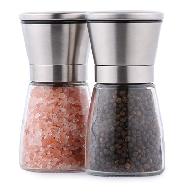 Henry Charles Finest Collection Salt and Pepper Mill Set - Brushed Stainless Steel Salt and Pepper Grinders - 2 Shakers with Adjustable Ceramic Grinder and Glass Body