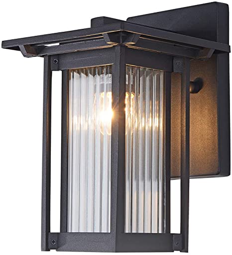 Outdoor Wall Mounted Light Fixtures Mini Outdoor Wall Sconce Waterproof Matte Black Aluminum Housing with Stripe Glass Shade for Exterior House Deck Patio Porch Lighting