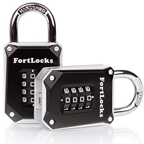 2 Pack FortLocks Gym Locker Lock - 4 Digit, Heavy Duty, Hardened Stainless Steel, Weatherproof and Outdoor Combination Padlock - Easy to Read Numbers - Resettable and Cut Proof Combo Code - Silver