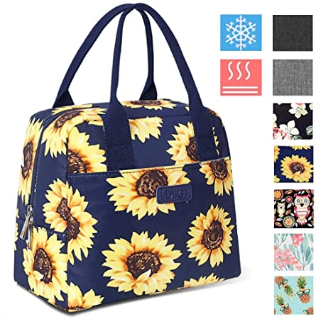 DIIG Lunch Box for Women, Insulated Lunch Bags for Women, Large Cooler Tote For Work, Floral Reusable Snack Bag with Pocket, Sunflower Printing/Gray/Black/White(Sunflower/Navy Blue)