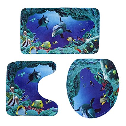 NUOLUX 3pcs/set Ocean Style Underwater World Dolphin Carpe Toilet Mat