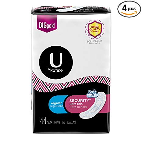 U by Kotex Security Ultra Thin Pads, Regular, Unscented, 44 Count (Pack of 4)
