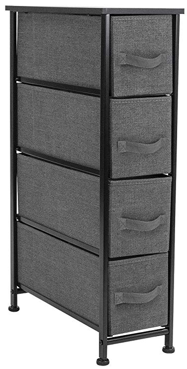 Sorbus Narrow Dresser Tower with 4 Drawers - Vertical Storage for Bedroom, Bathroom, Laundry, Closets, and More, Steel Frame, Wood Top, Easy Pull Fabric Bins (Black/Charcoal)