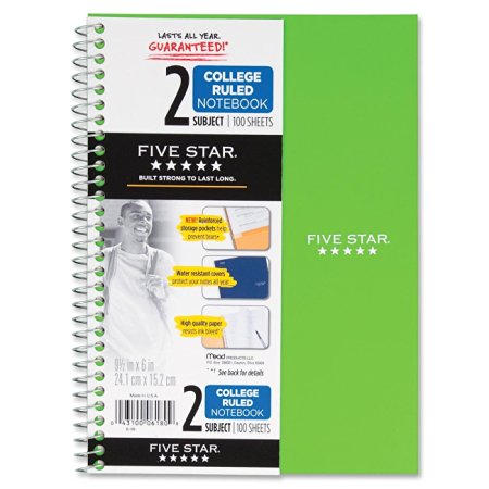 Five Star Spiral Notebook, College Ruled, 2 Subject, 6 x 9.5 Inches, 100 Sheets, Assorted Colors (06180)