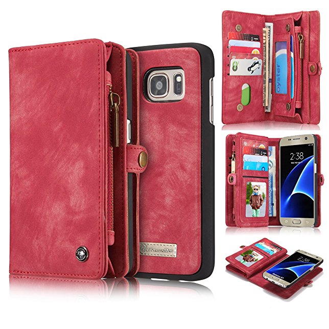 Galaxy S7 Case,AKHVRS Magnetic Premium Genuine Cowhide Leather Wallet Case Cover With Detachable Magnetic Hard Case and Built-in 13 Slots [Zipper Cash Storage] For Samsung Galaxy S7 (Red)