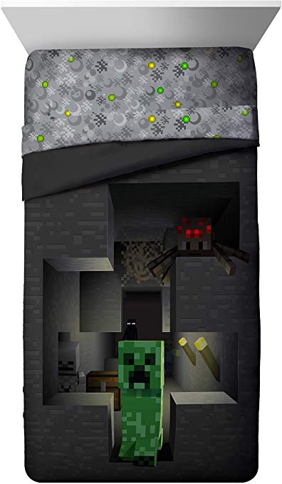 Jay Franco Minecraft Spawn Gray Twin Comforter - Super Soft Kids Bedding Features Creeper - Fade Resistant Polyester Microfiber Fill (Official Minecraft Product)