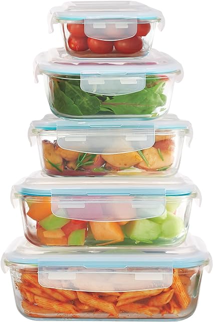 Bene Casa 10-piece glass food storage container set, air tight led containers, oven safe, microwave safe, freezer safe, dishwasher safe