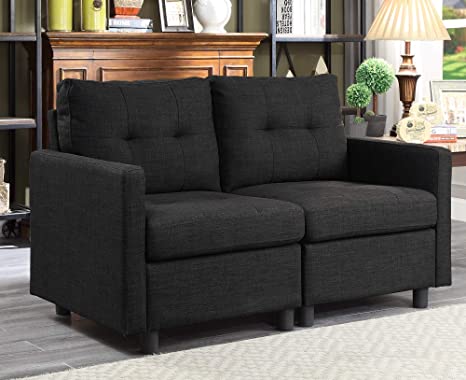 Loveseat Sofa 52" Reversible Modular Small Sofa Linen Square Arm Loveseat Modern Couch for Compact Living Space Bedroom (Loveseat, Dark Gray)