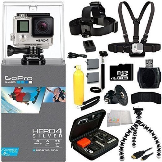 GoPro HERO4 SILVER 32GB Bundle 12PC Accessory Kit. Includes 32GB MicroSD Memory Card   High Speed Memory Card Reader   2 Replacement GoPro Batteries   Dual Battery Charger   Head Strap   Chest Strap   Micro HDMI Cable   Handheld Monopod   MORE