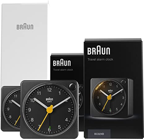 Braun Classic Black Travel Analogue Alarm Clock Home Gift Bundle with Snooze and Light, Compact Size, Quiet Quartz Movement, Crescendo Beep Alarm in Black, Model BC02XB (2 Pack)