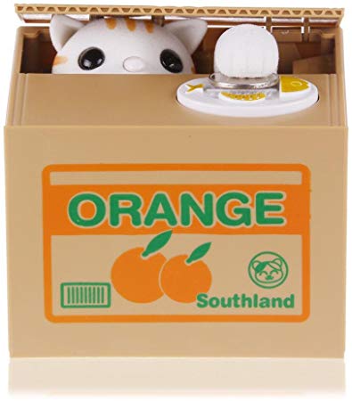 Suns Bell White Cat Stealing Cute Coin Bank Money Saving Collection Box Cents Penny Container