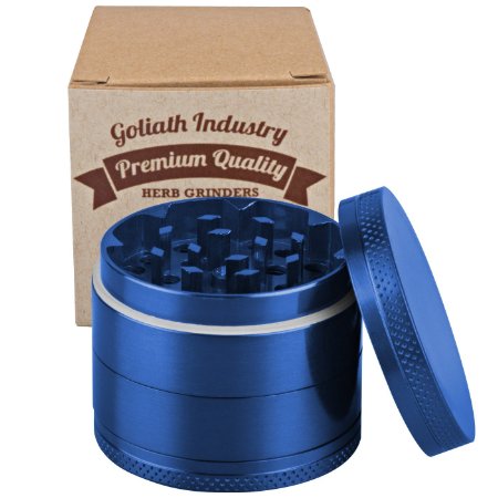 Goliath 5 Piece Titanium Spice Tobacco Weed Herb Grinder Crusher with Pollen Catcher - Premium Quality Blue