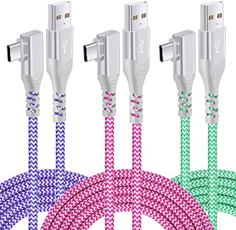 Pofesun USB C Cable 90 Degree Right Angle 3-Pack 10ft Braided USB A to USB C Fast Charging Type C Charger Compatible for Samsung Galaxy S20 S10 S9 S8 Plus Note10 9 8 LG G8 G6 V40 V30-Purple,Green,Rose