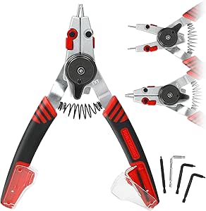 Powerbuilt Snap Ring Pliers with Combination Internal External Switch, Reversible, Remove and Install, Spring Loaded, Tips Included - Red 941336