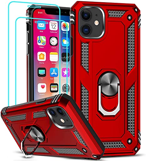 LeYi Compatible for iPhone 11 Case for Women Girls, and [2 Pack] Tempered Glass Screen Protector, Military-Grade Armor Phone Cases for iPhone 11 with Magnetic Ring Kickstand, Scarlet Red