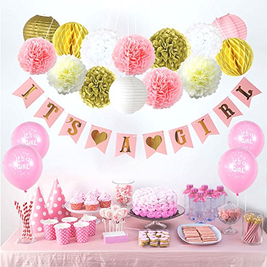 Baby Shower Decorations For Girl – Its A Girl Party Decor - FREE Game Ideas & Checklist Ebook! - Plush Pink and Gold - Banner - Tissue Paper Pom Pom - Paper Lantern - Balloons - Party Ideas