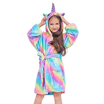 Beinou Unicorn Kids Robe Fleece Bathrobe Flannel Sleepwear Hooded Girls Robe
