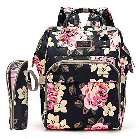 Diaper Bag Backpack Water-Resistant Baby Nappy Bag with Insulated Water Bottle Bag/Changing Pad for Women/Girls / Mum (Flower Pattern)