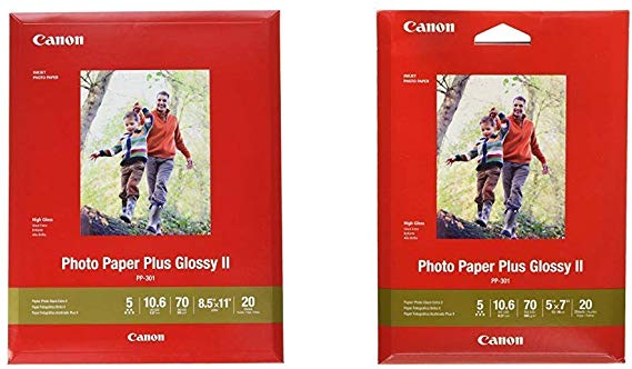 CanonInk 1432C003 Photo Paper Plus Glossy II 8.5" x 11" 20 Sheets &  1432C002 Photo Paper Plus Glossy II 5" x 7" 20 Sheets