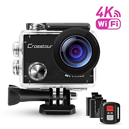 Crosstour Action Camera Ultra HD 4K Wi-Fi Waterproof Remote Control 98ft Underwater 170°Wide-angle 2 Inch LCD Plus 2 Rechargeable 1050mAh Batteries and 20 Mounting Accessories