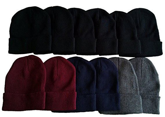 12 Pack of Unisex excell Winter Beanie Hats, Toboggan Thermal Sport